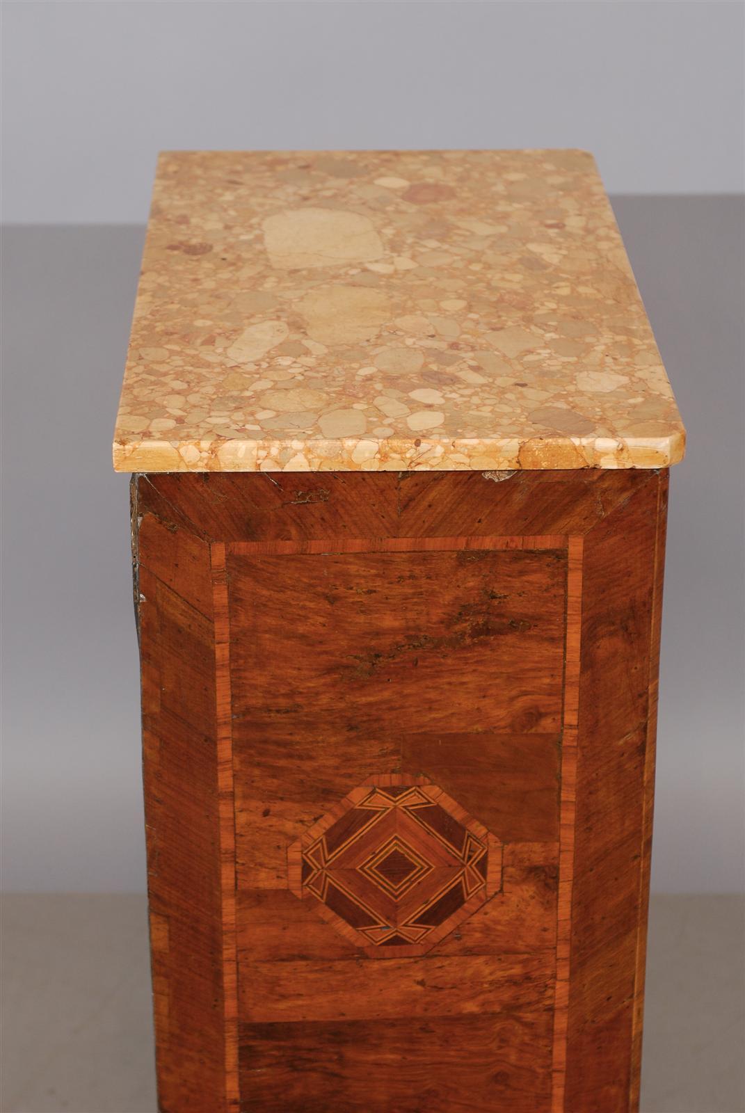 Italian Neoclassical Parquetry Inlaid Commodini with Marble Top 5