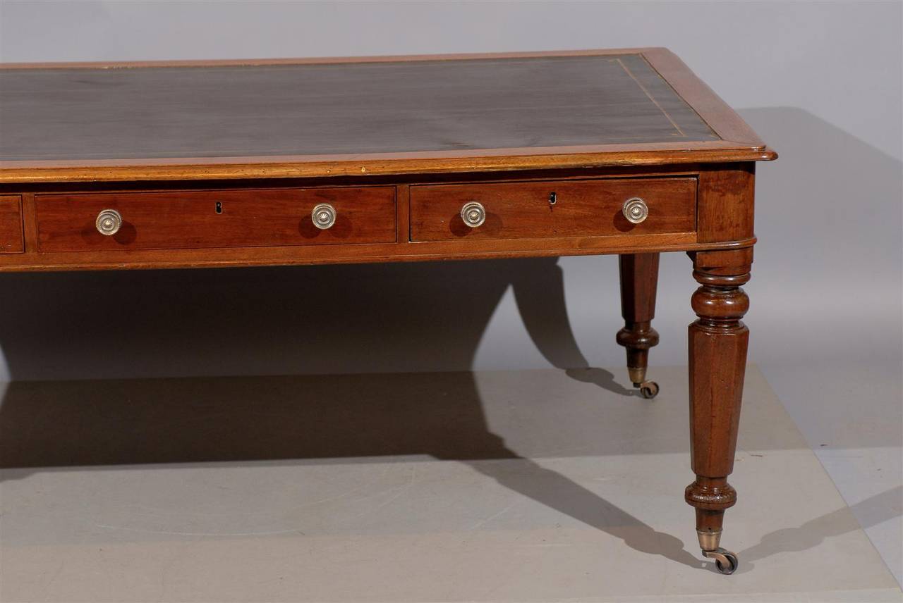 Large 19th Century English Writing Table or Partner's Desk with Leather Top 7