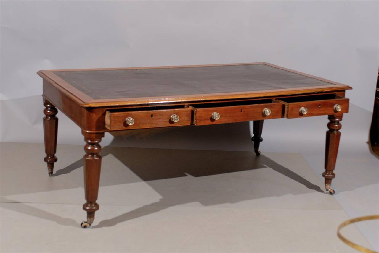 Large 19th Century English Writing Table or Partner's Desk with Leather Top 1