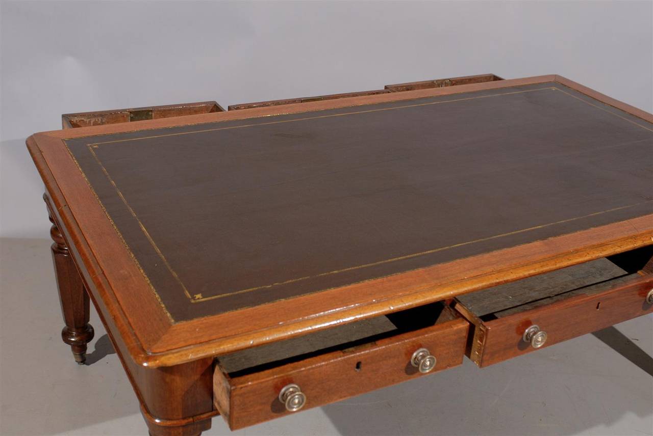 Large 19th Century English Writing Table or Partner's Desk with Leather Top 4