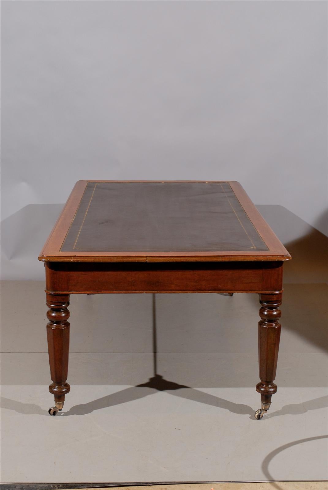 Large 19th Century English Writing Table or Partner's Desk with Leather Top In Excellent Condition In Atlanta, GA