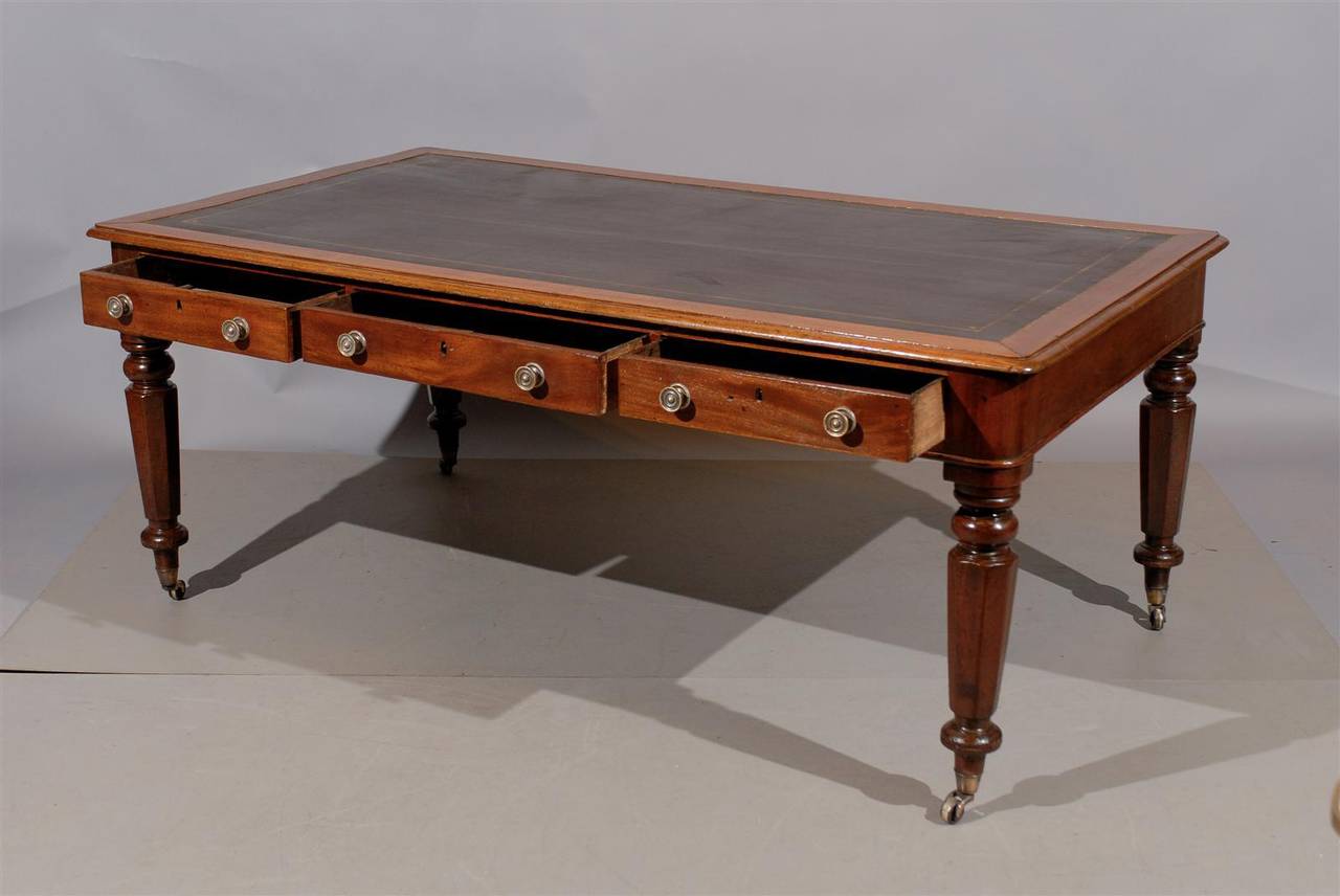 Large 19th Century English Writing Table or Partner's Desk with Leather Top 5