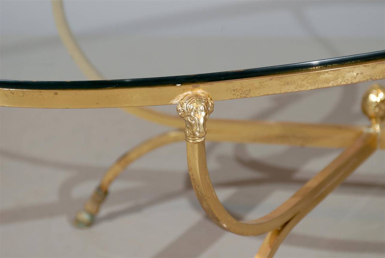 French Oval Brass and Glass Coffee Table with Ram's Heads