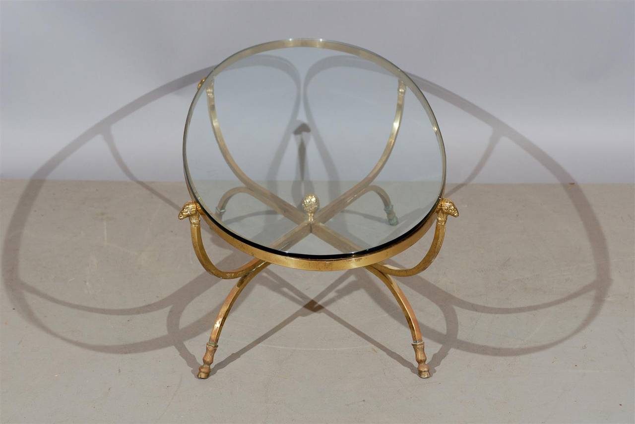 Oval Brass and Glass Coffee Table with Ram's Heads 1