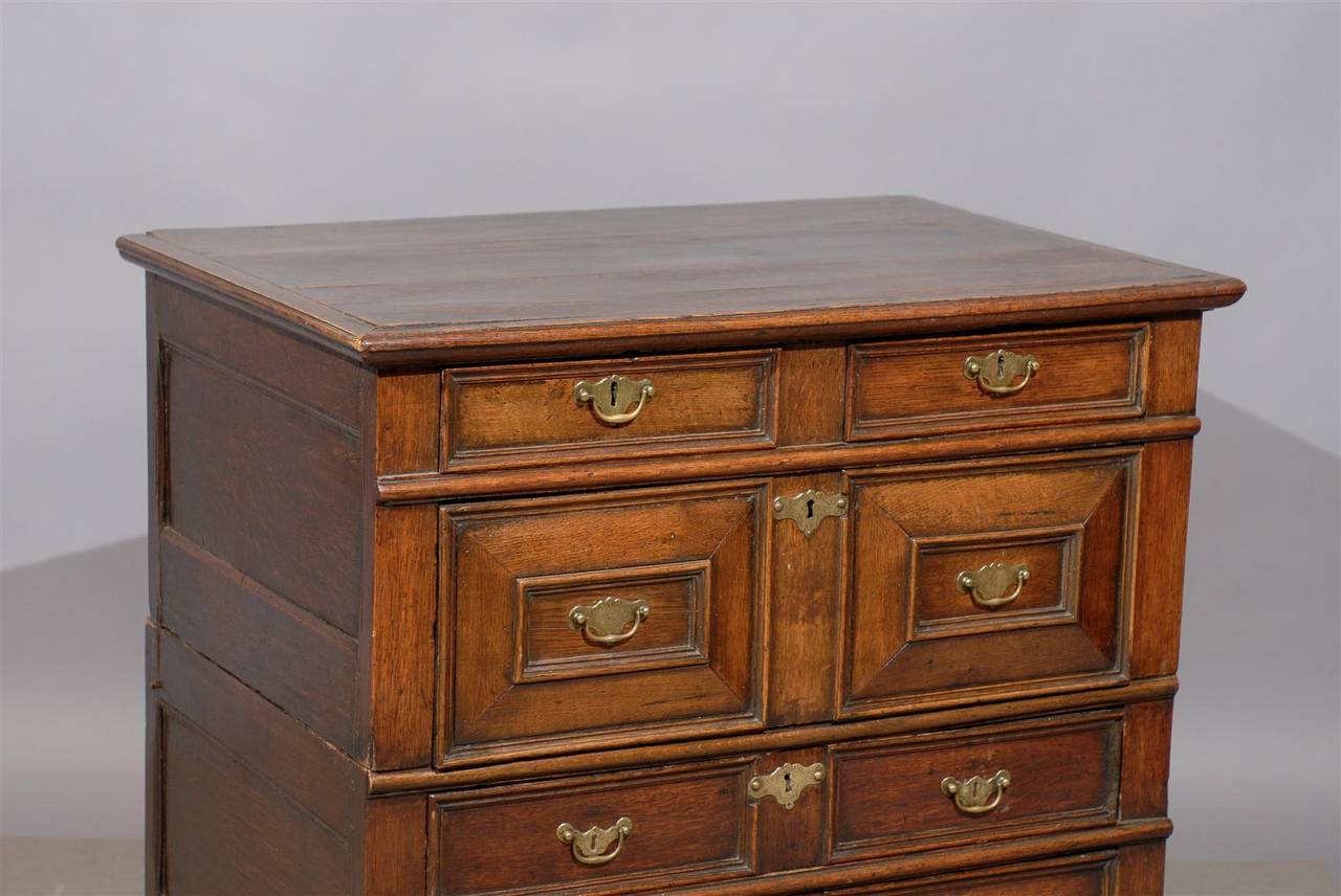 18th Century and Earlier 18th Century English Jacobean Style Oak Chest with 5 Drawers and Bun Feet