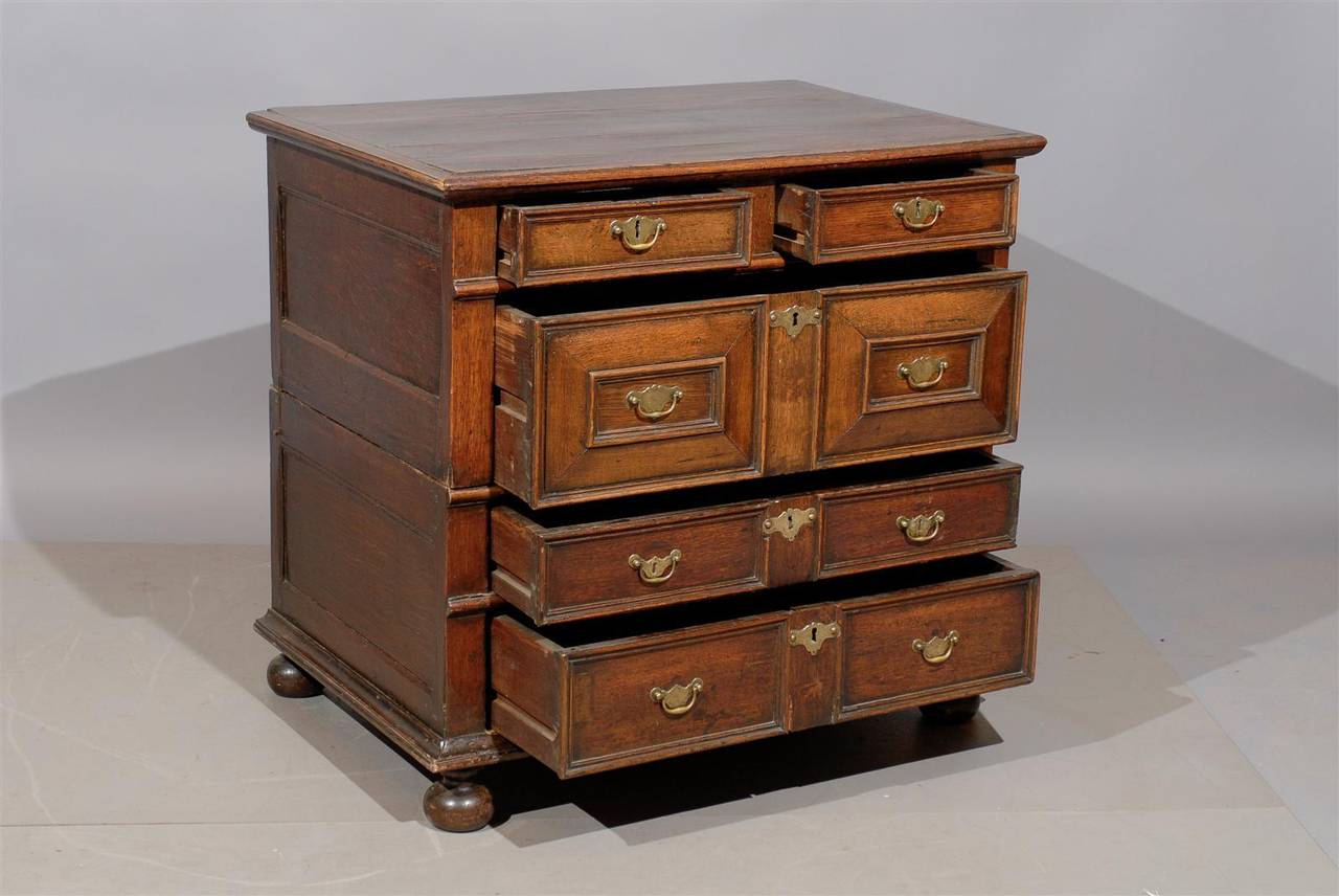 18th Century English Jacobean Style Oak Chest with 5 Drawers and Bun Feet 3