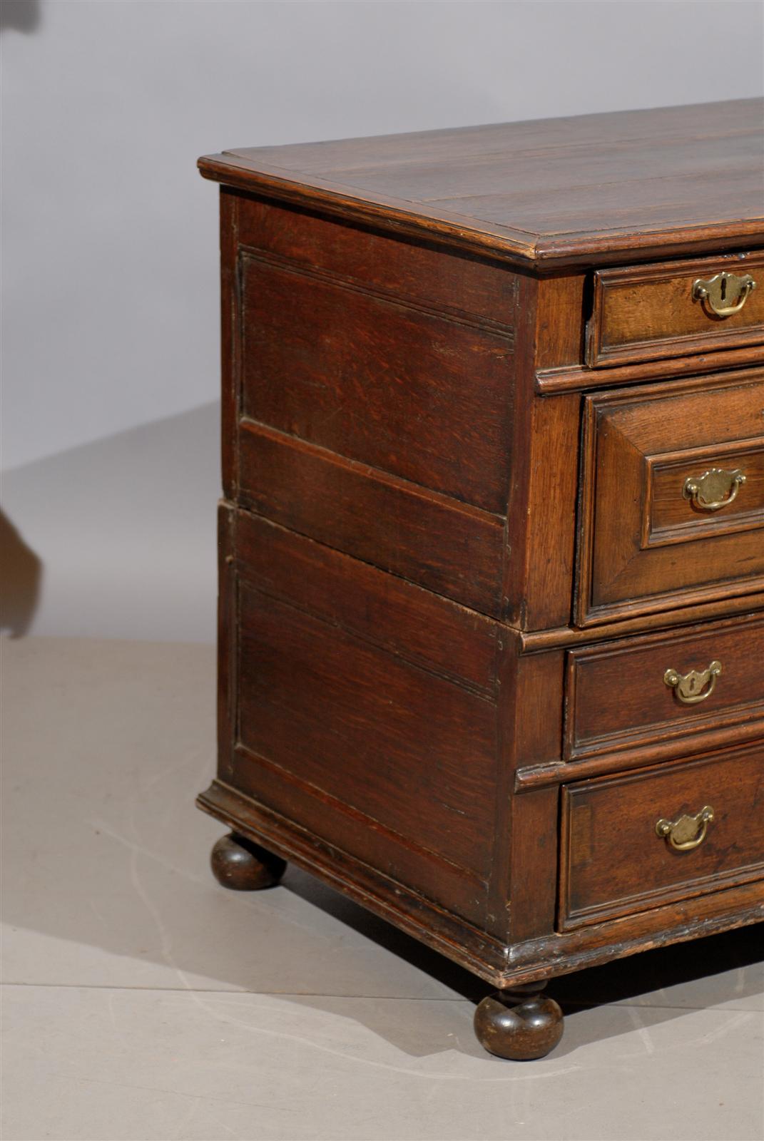 18th Century English Jacobean Style Oak Chest with 5 Drawers and Bun Feet 1