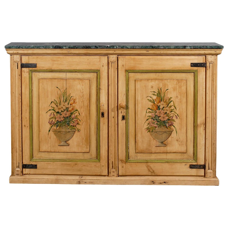 Narrow Pine Two Door Cabinet with Floral Painting and Green Marble Top