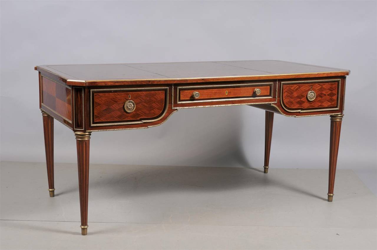 Louis XVI Style French Bureau Plat with Brown Leather Top and Parquetry Inlay