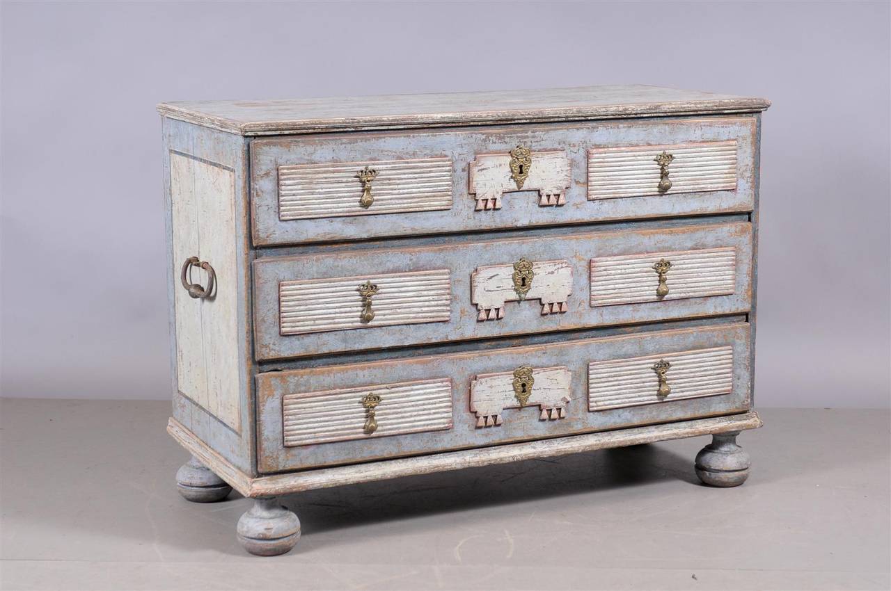 18th Century Swedish Painted Commode with Three Drawers and Bun Feet