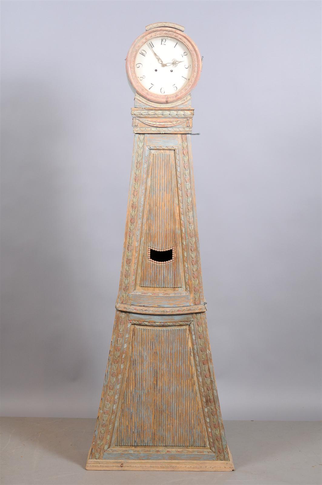 19th century Swedish painted tallcase clock with blue and rust wash finish and white enamel face, circa 1830.