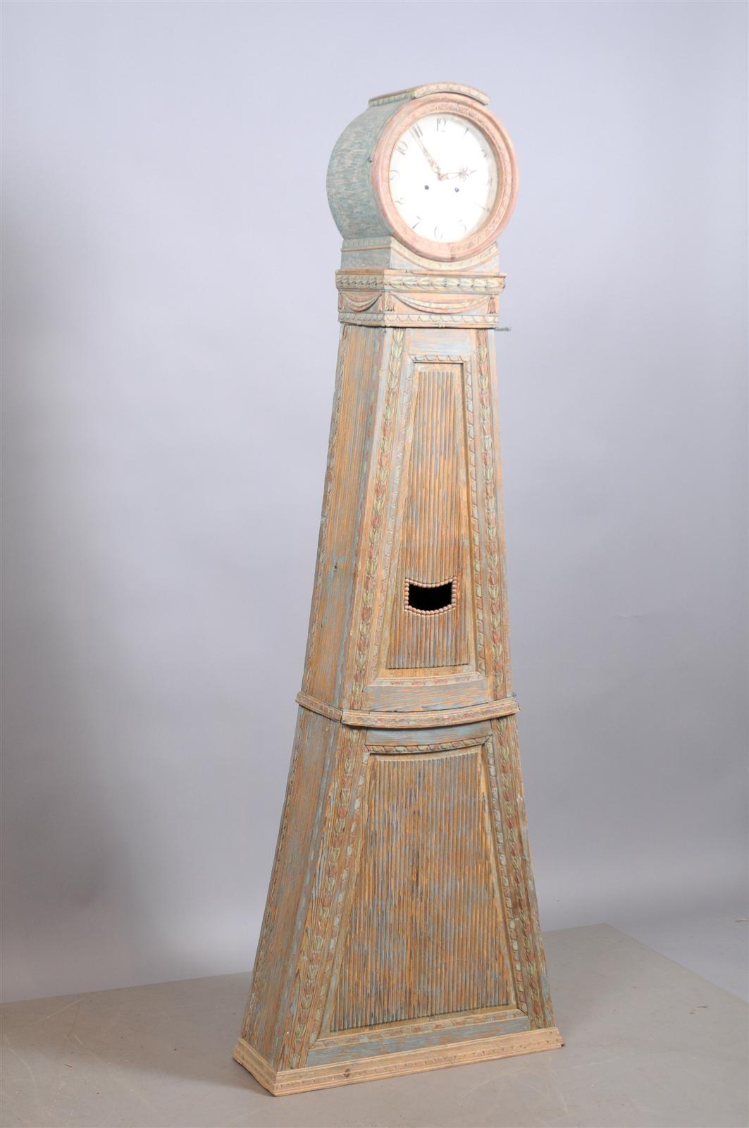 19th Century Swedish Painted Tallcase Clock with Blue and Rust Wash Finish In Excellent Condition In Atlanta, GA