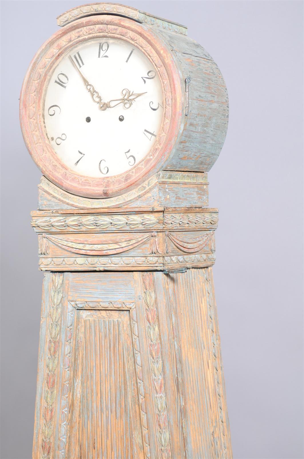 19th Century Swedish Painted Tallcase Clock with Blue and Rust Wash Finish 2