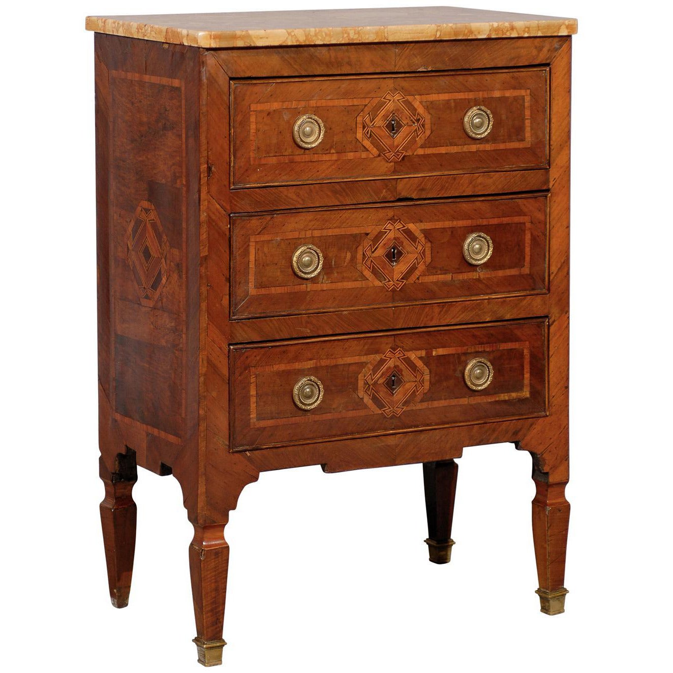 Italian Neoclassical Parquetry Inlaid Commodini with Marble Top