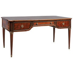 Louis XVI Style French Bureau Plat with Brown Leather Top and Parquetry Inlay