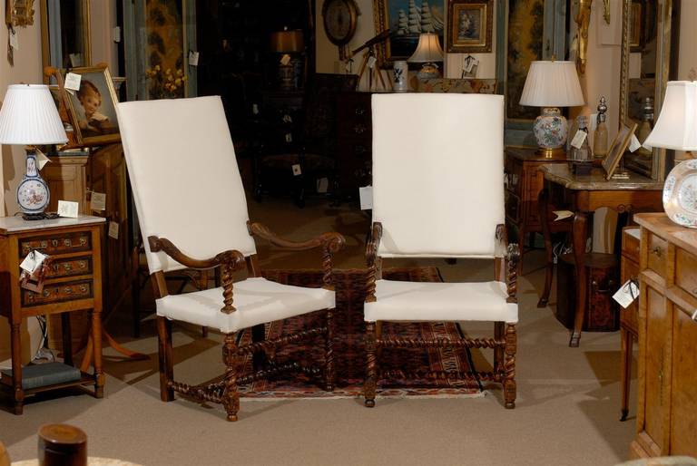 Pair of 19th Century French Louis XIII Style Walnut Fauteuils In Good Condition In Atlanta, GA