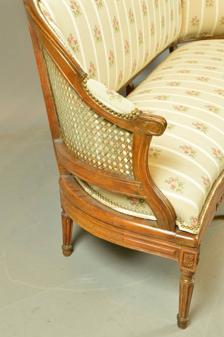 18th Century and Earlier Louis XVI Walnut Settee with Cane Back and Fluted Legs, France, circa 1790