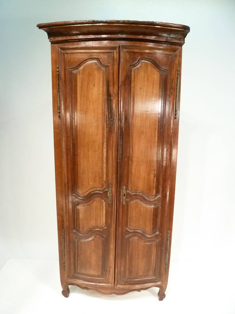 A Louis XV corner cupboard in walnut and fruitwood with paneled doors, wrought iron hardware and 4 fitted interior shelves. 

William Word Fine Antiques: Atlanta's source for antique interiors since 1956.