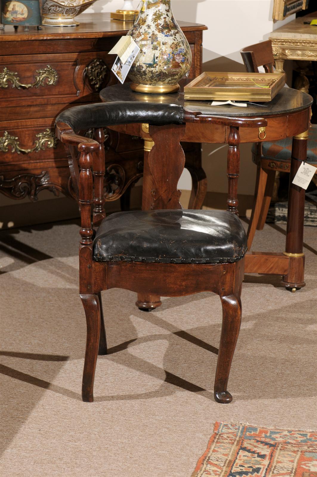 18th Century Danish Corner Chair in Black Leather Upholstery at 1stDibs