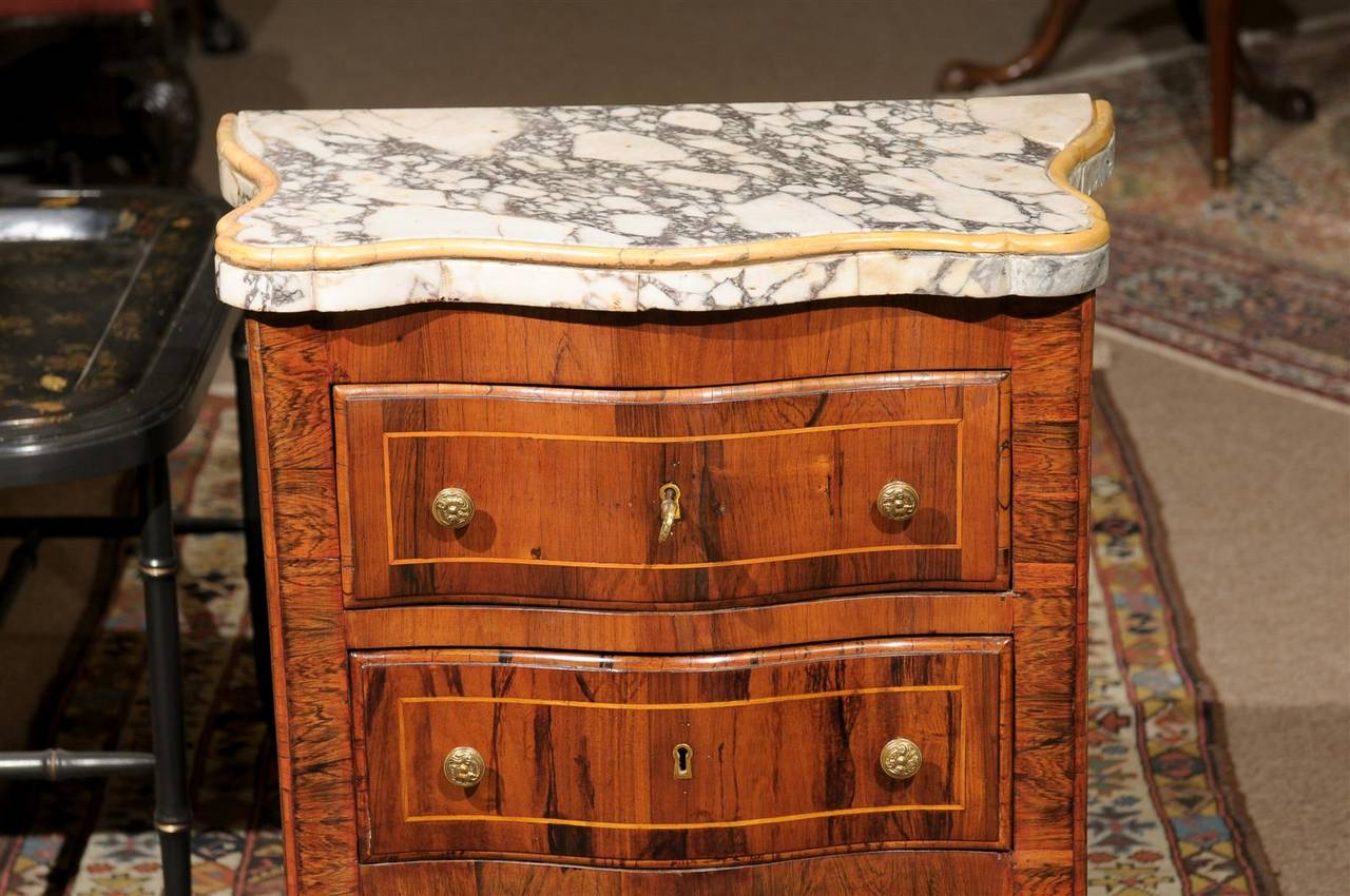 Petite Italian Serpentine Commode in Rosewood with Inlaid Marble Top For Sale 2