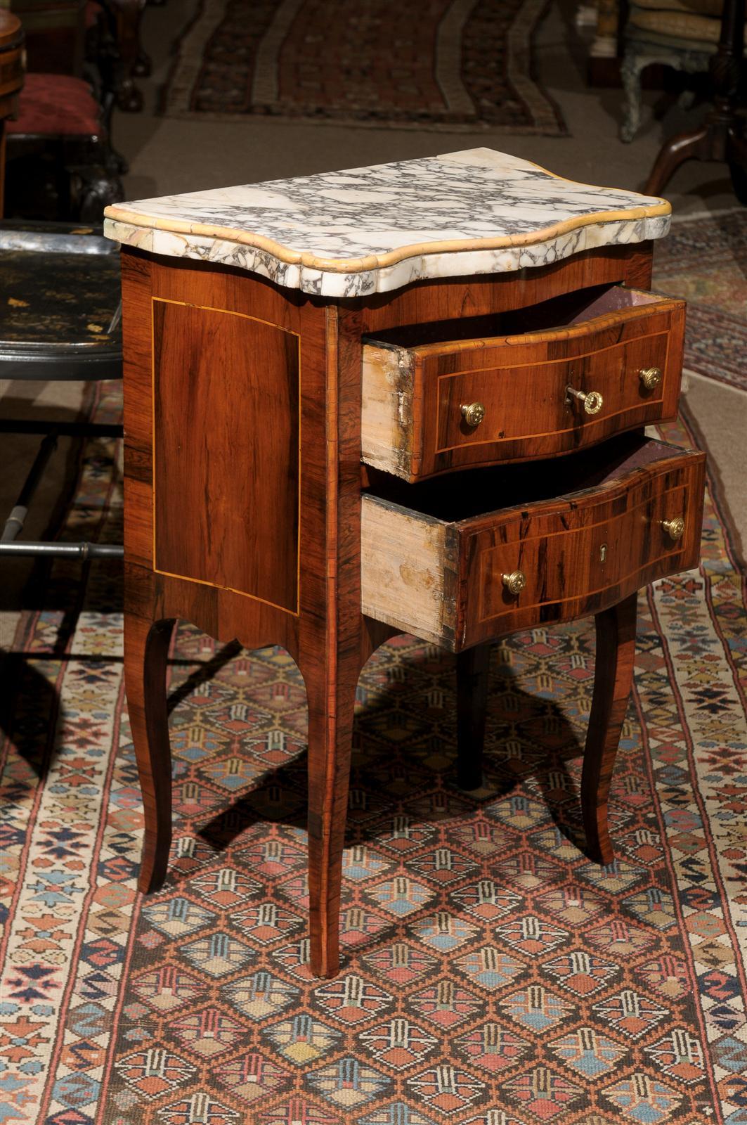Petite Italian Serpentine Commode in Rosewood with Inlaid Marble Top For Sale 1