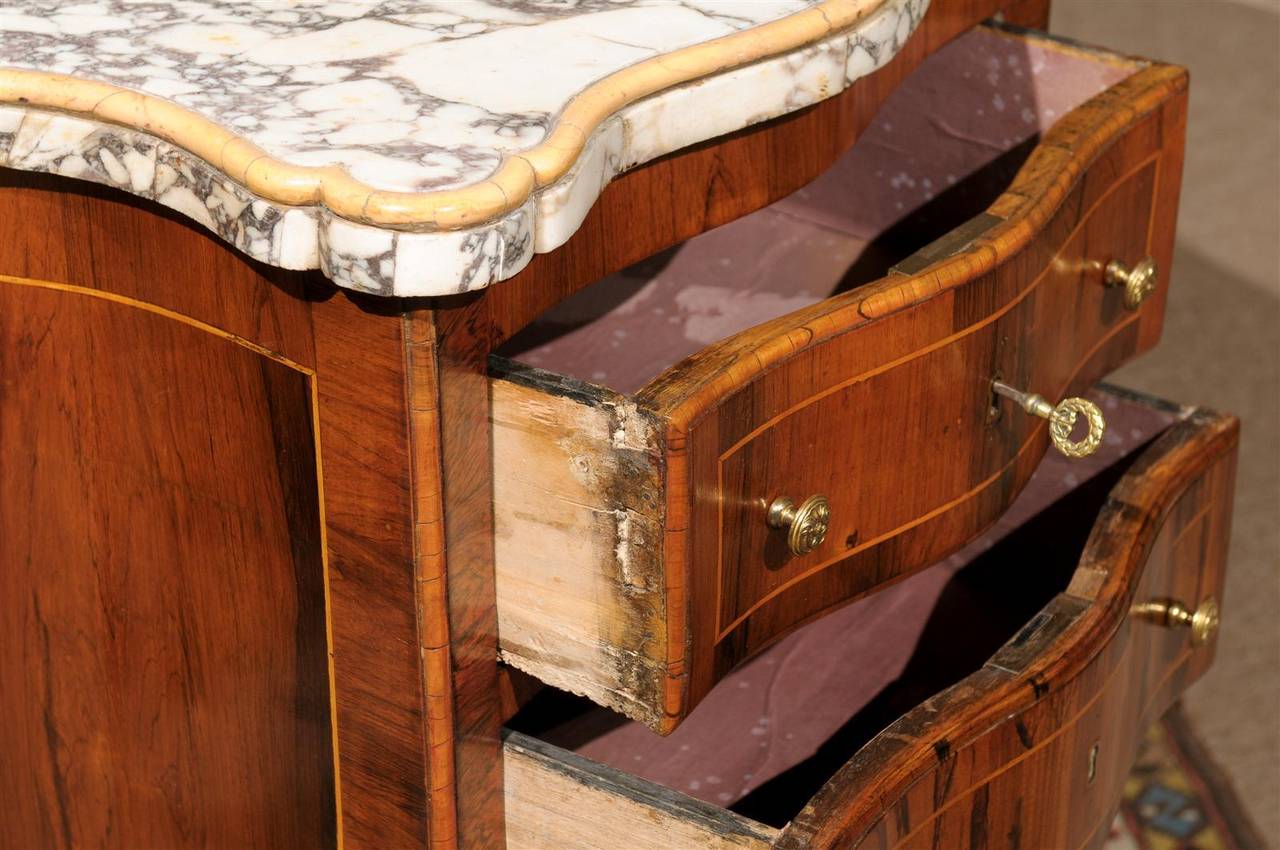 Petite Italian Serpentine Commode in Rosewood with Inlaid Marble Top For Sale 4