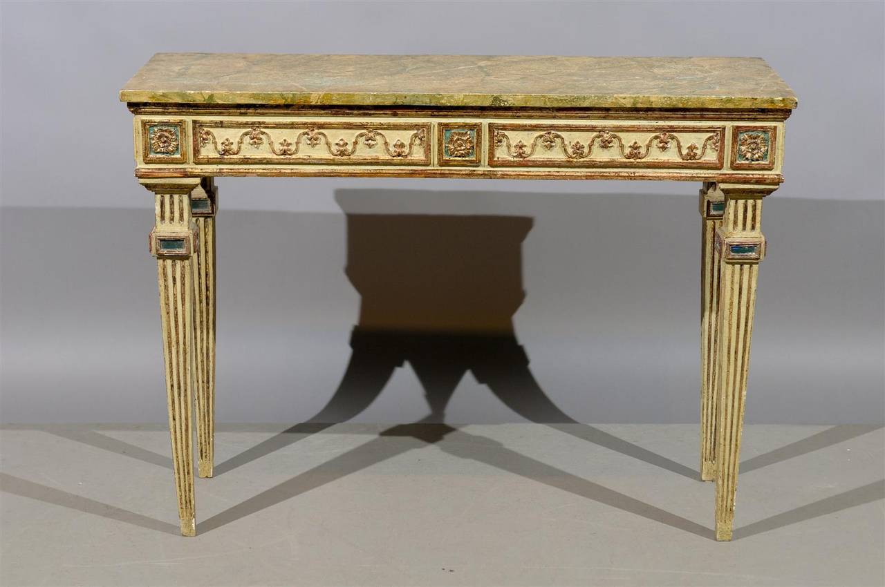 Narrow Italian Painted and Gilt Console Table In Excellent Condition In Atlanta, GA