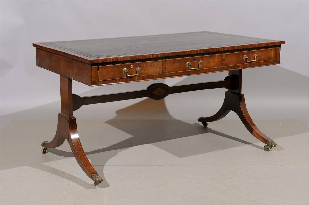 19th Century English Mahogany Bureau Plat with Leather Top 3