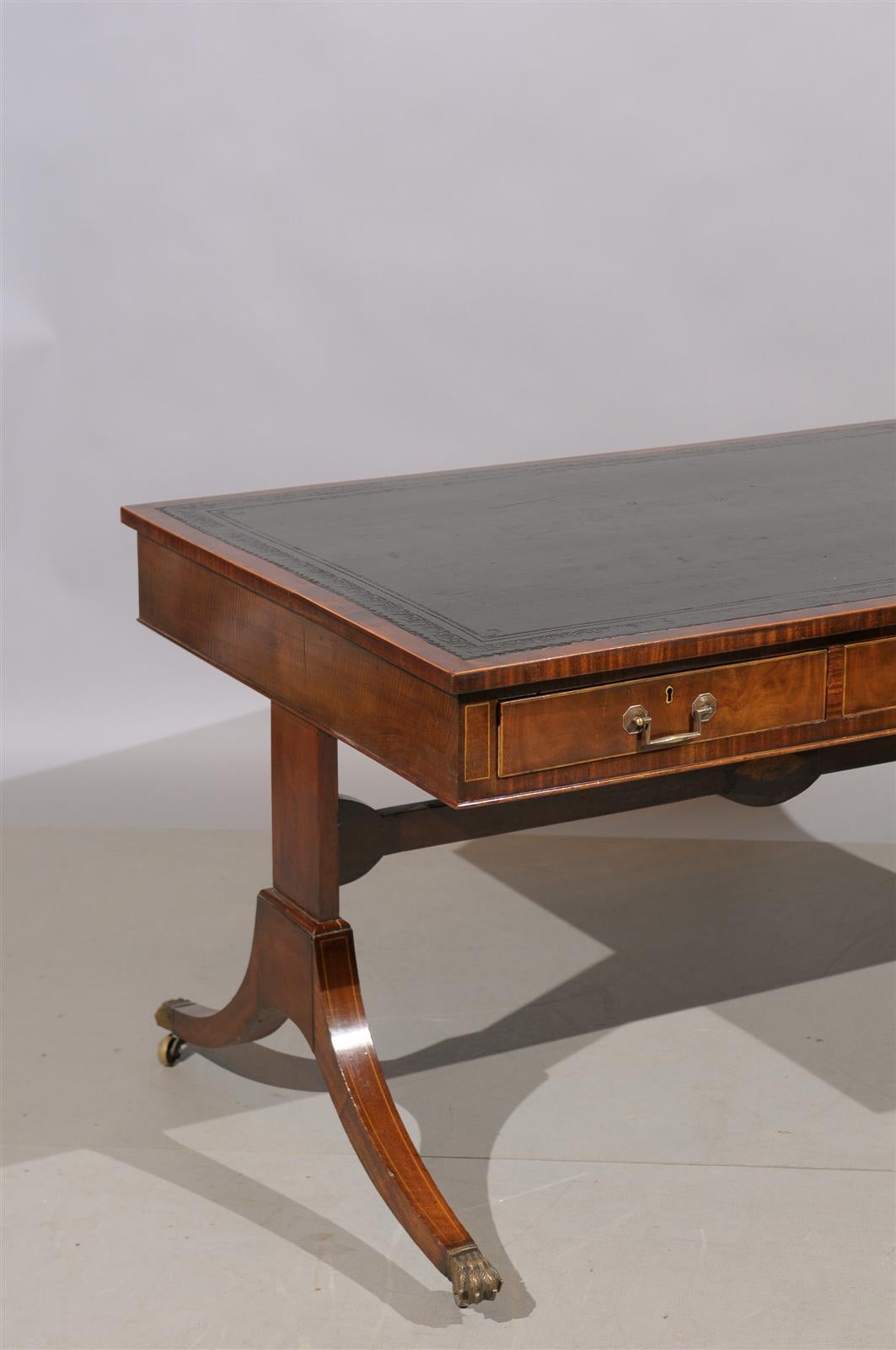 19th Century English Mahogany Bureau Plat with Leather Top 4