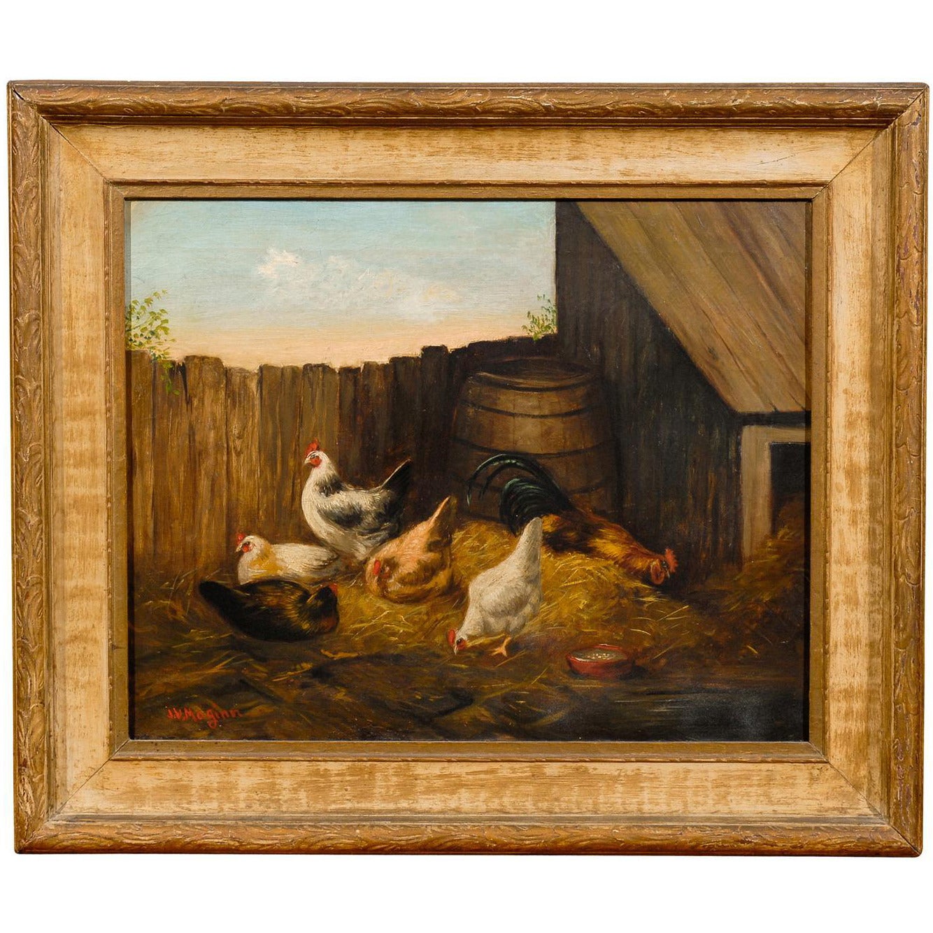 19th Century Oil on Canvas Barnyard Painting by American Artist "JV Maginn"