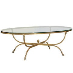 Oval Brass and Glass Coffee Table with Ram's Heads