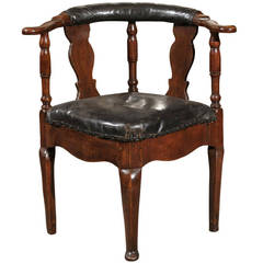 18th Century Danish Corner Chair in Black Leather Upholstery