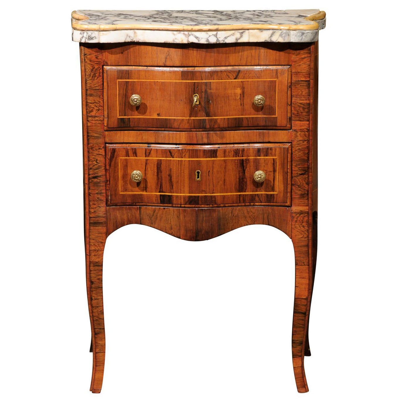 Petite Italian Serpentine Commode in Rosewood with Inlaid Marble Top For Sale