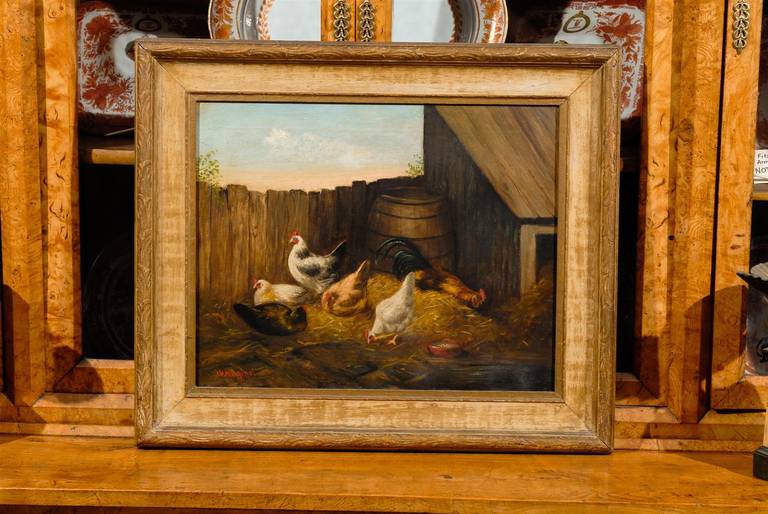 Framed 19th Century Oil on Canvas Barnyard Painting with Chickens , signed by American artist 