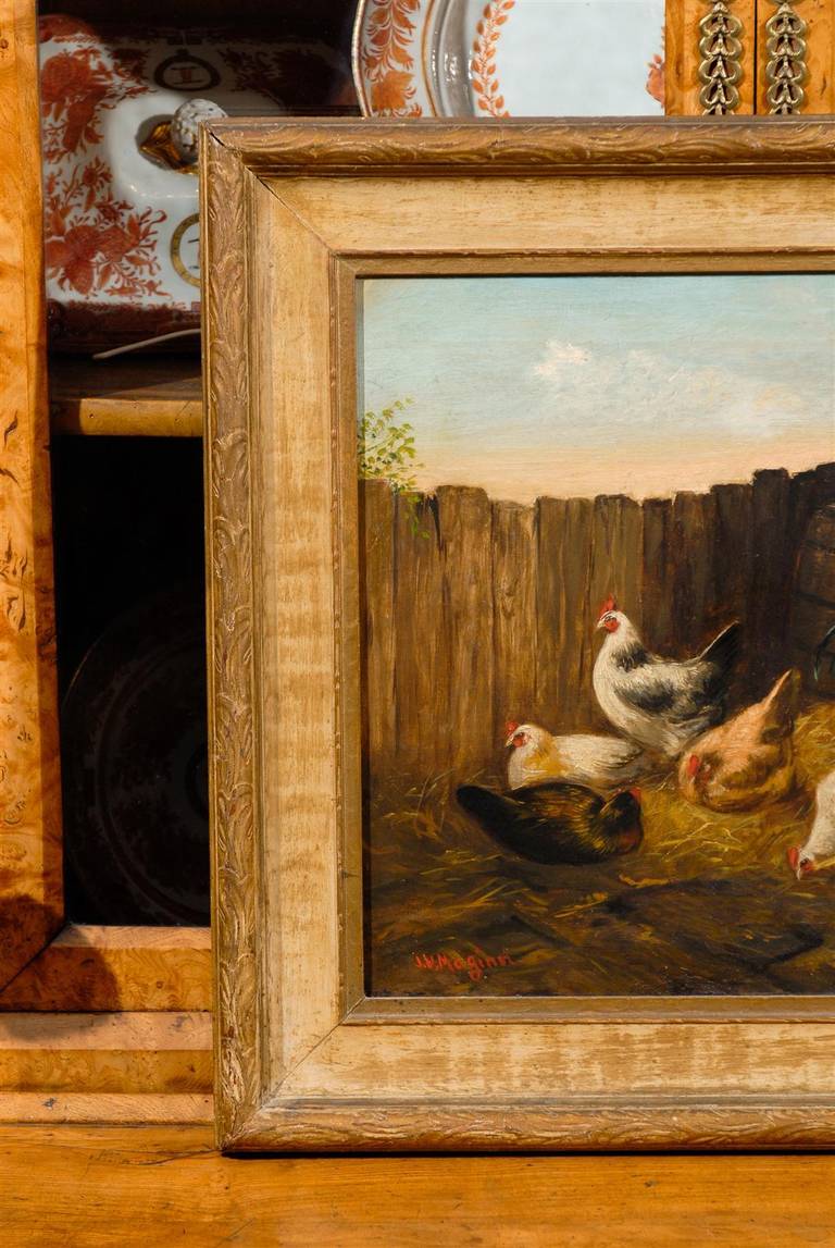 North American 19th Century Oil on Canvas Barnyard Painting by American Artist 