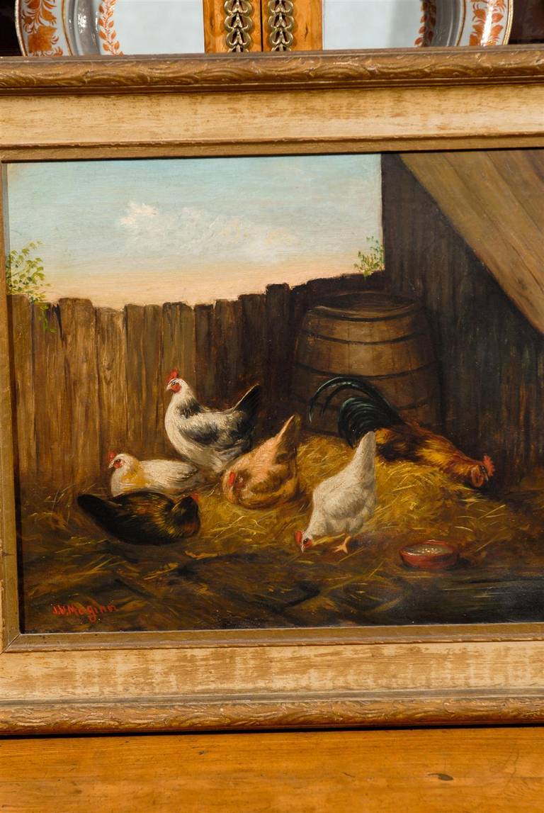 19th Century Oil on Canvas Barnyard Painting by American Artist 