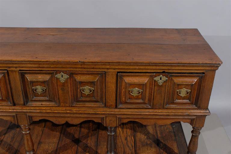 19th Century English Oak Dresser Base with Lower Shelf and Three Drawers 5