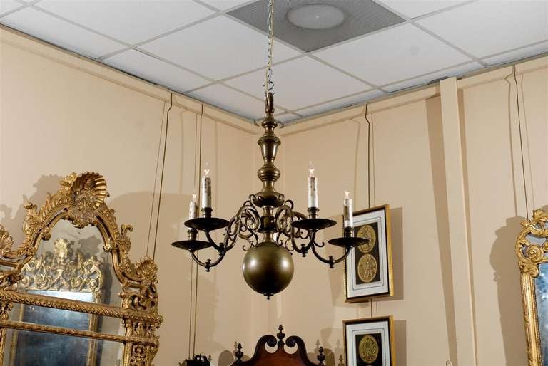 5 Light Dutch Brass Chandelier, ca. 1890