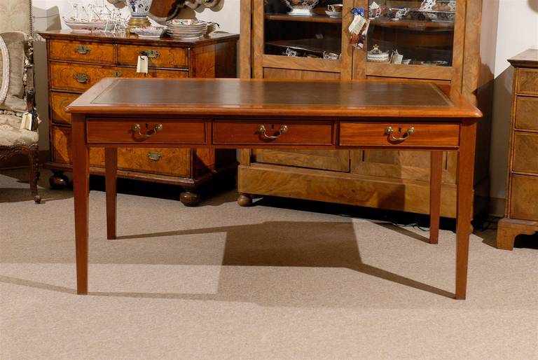 Brass English Mahogany Writing Table with Brown Leather Top, 19th Century