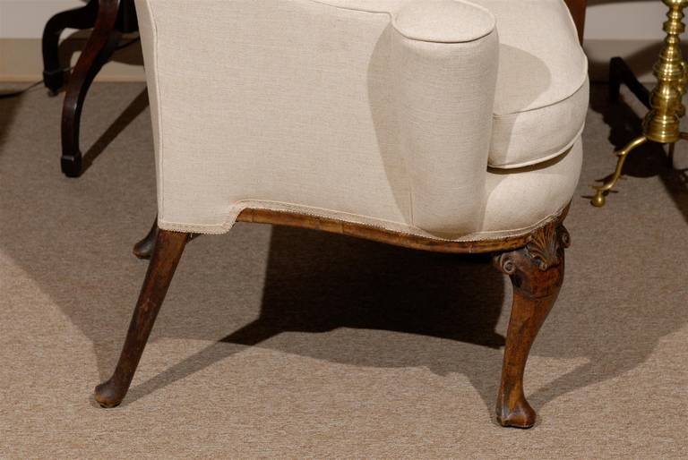 18th Century English Queen Anne Walnut Wing Chair with Shell Carving 3