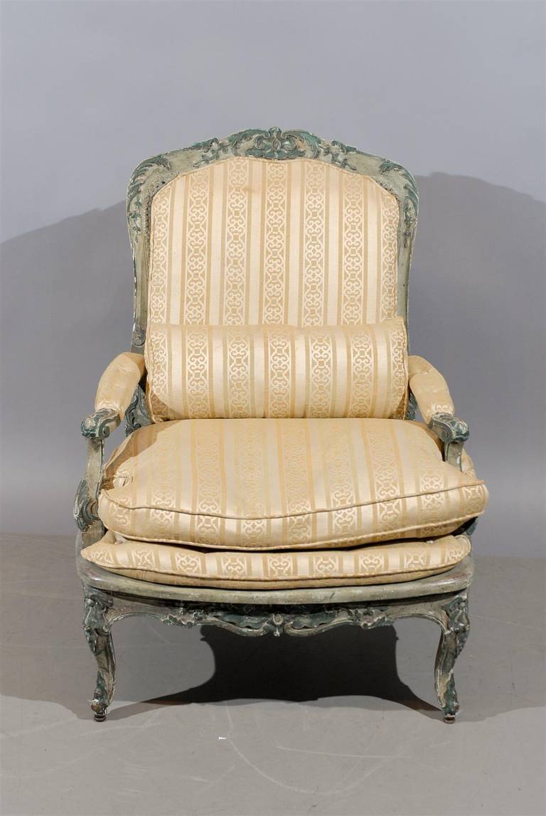 Rococo Large 19th Century French Fauteuil in Painted Finish
