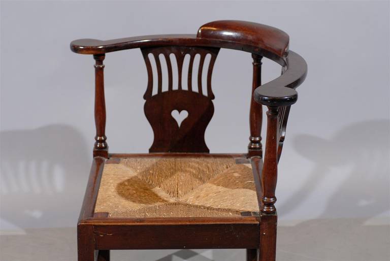 Mahogany Large 18th Century English Corner Chair with Rush Seat