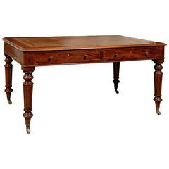 19th Century English Mahogany Writing Table with Turned Legs and Leather Top