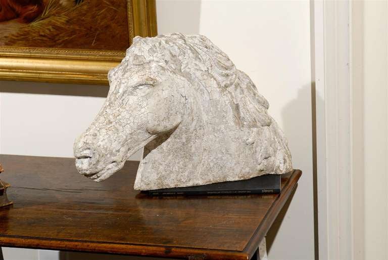 Carved French Stone Horse Head Sculpture with Weathered Patina from the 1930s