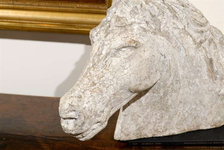 French Stone Horse Head Sculpture with Weathered Patina from the 1930s 3