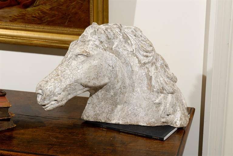 French Stone Horse Head Sculpture with Weathered Patina from the 1930s 4