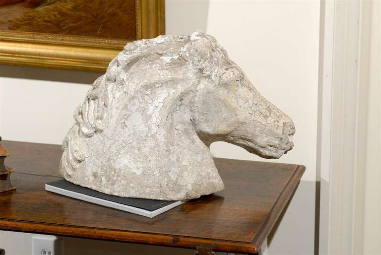 20th Century French Stone Horse Head Sculpture with Weathered Patina from the 1930s