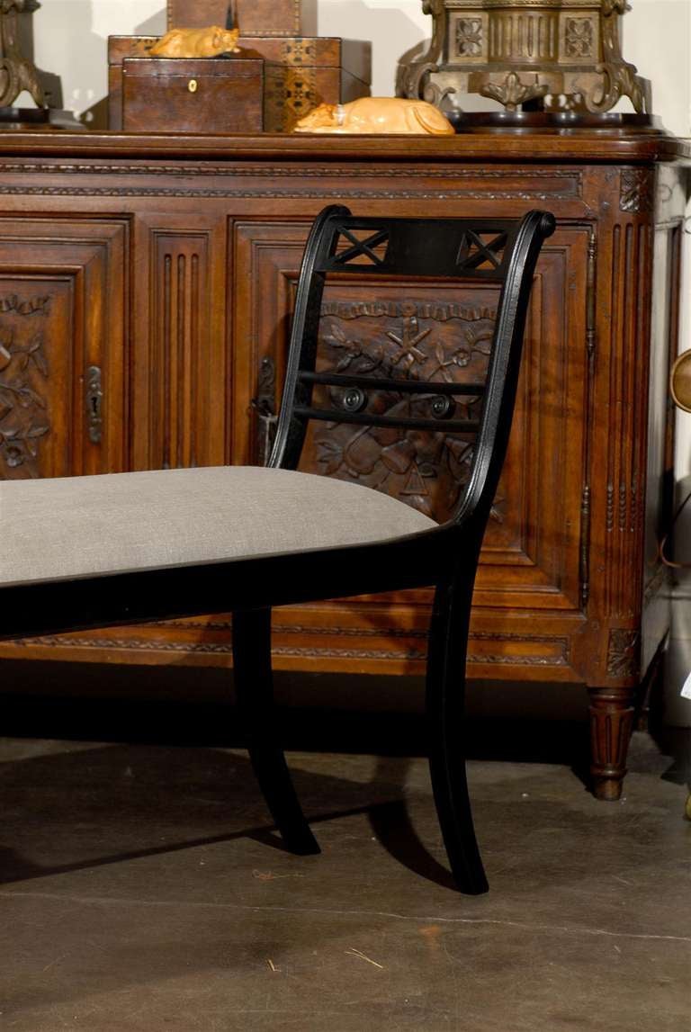 Linen English Empire Style Ebonized Sleigh Bench with Upholstered Seat, circa 1900