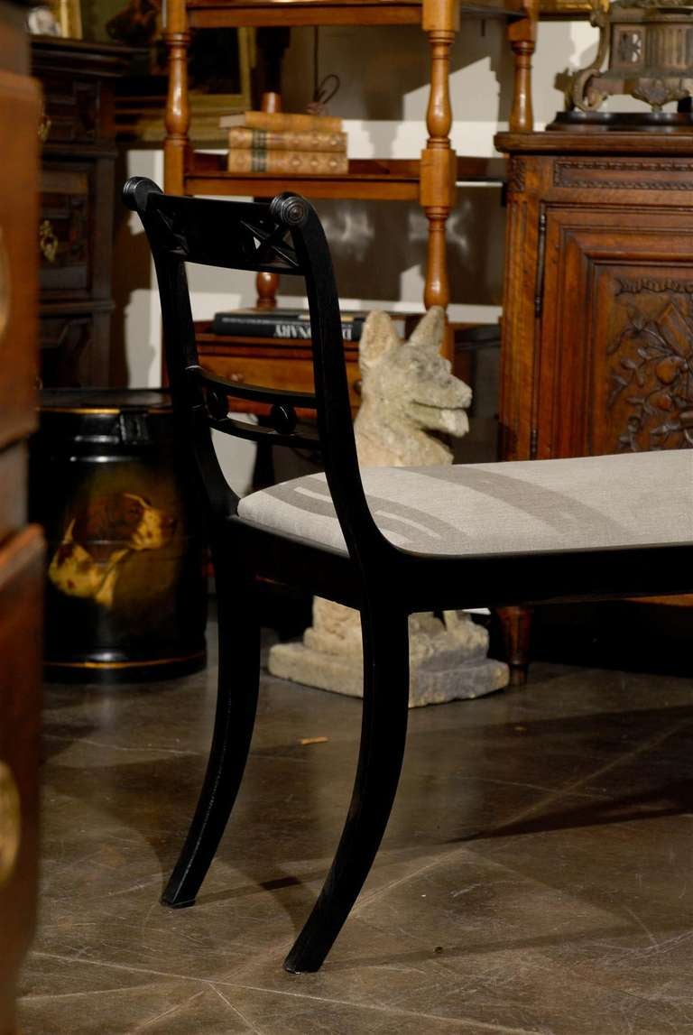 20th Century English Empire Style Ebonized Sleigh Bench with Upholstered Seat, circa 1900