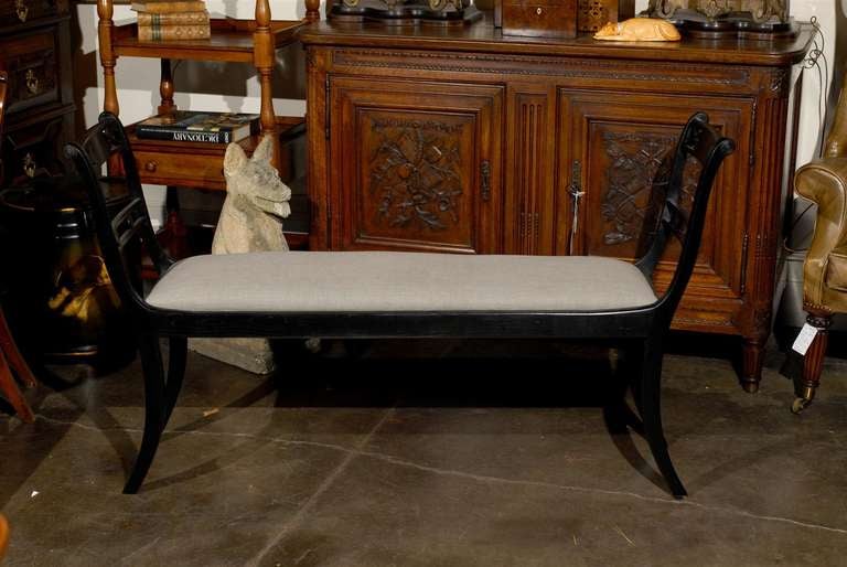 English Empire Style Ebonized Sleigh Bench with Upholstered Seat, circa 1900 1